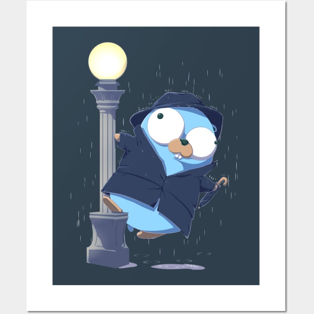 Golang Gopher Go Singing In The Rain Wall Art by clgtart